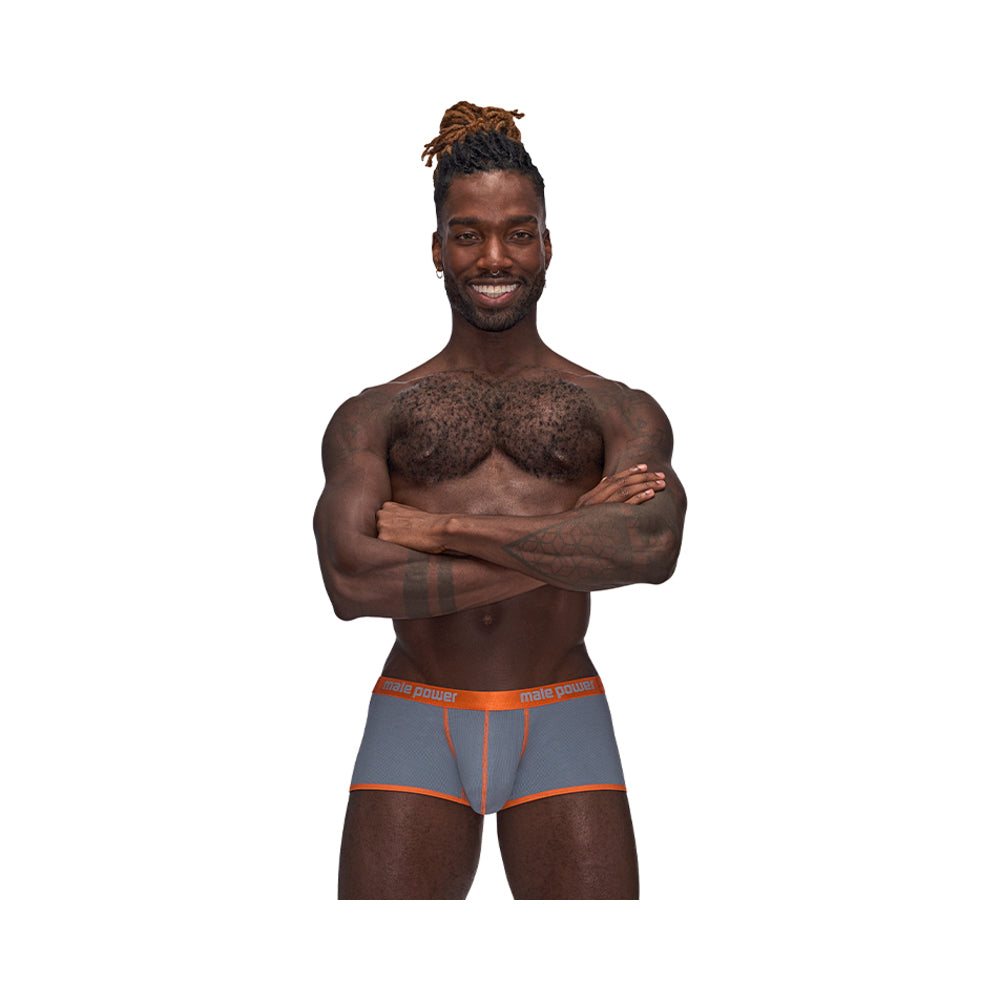 Male Power Casanova uplift mini short with boost pouch in black color, XL size modeled on male model