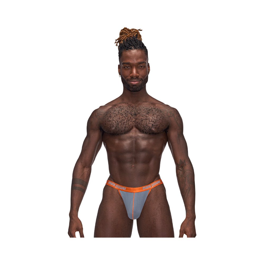 Male Power Casanova men's uplift micro thong in black with branded waistband modeled by fit man