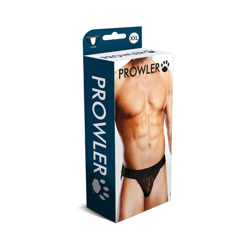 Prowler Lace Jock Strap packaging featuring a male model wearing black lace jock strap highlighting muscular torso and elastic waistband.