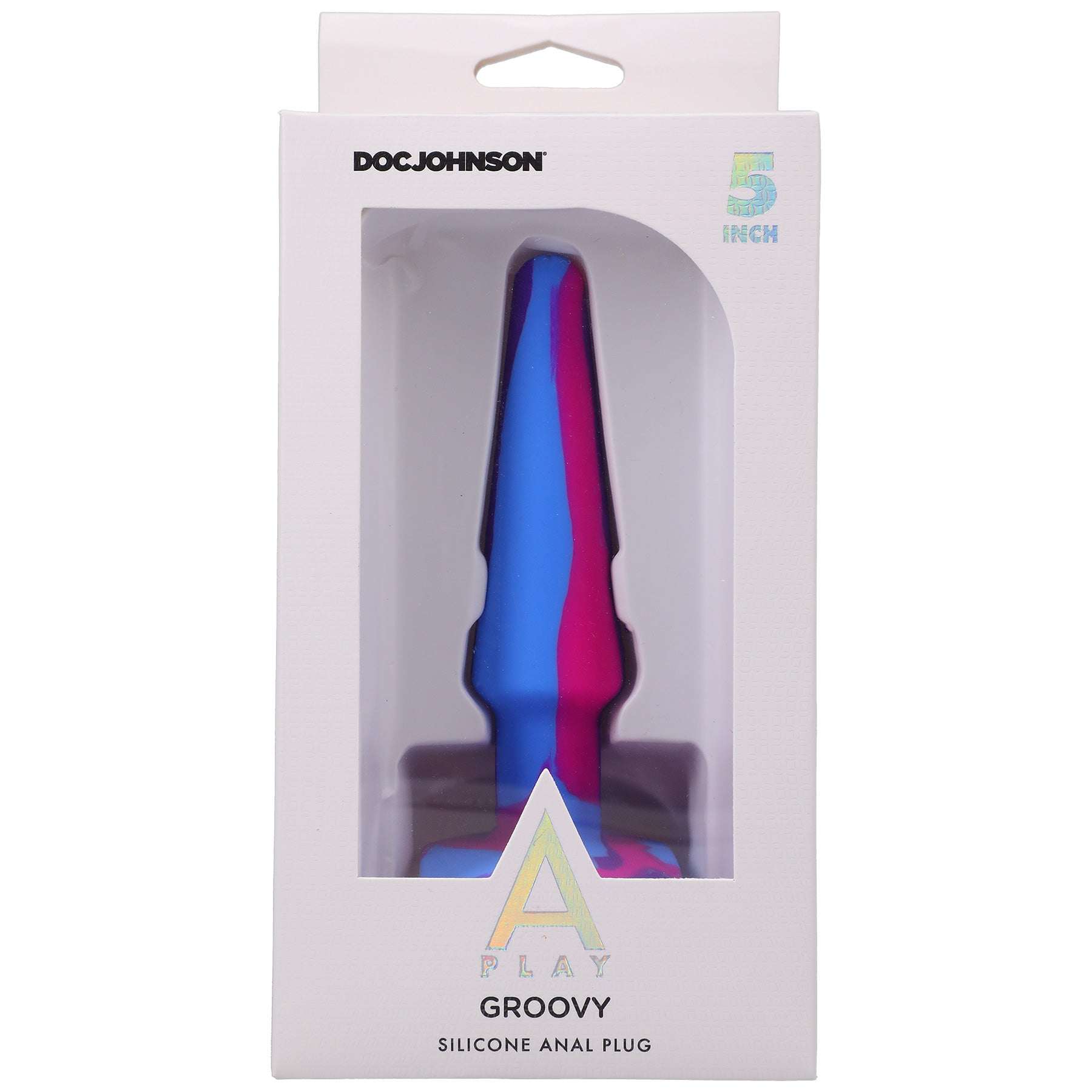A-Play Groovy Silicone 5 inch multicolored tapered anal plug with wide base in berry colors, made of body-safe silicone.