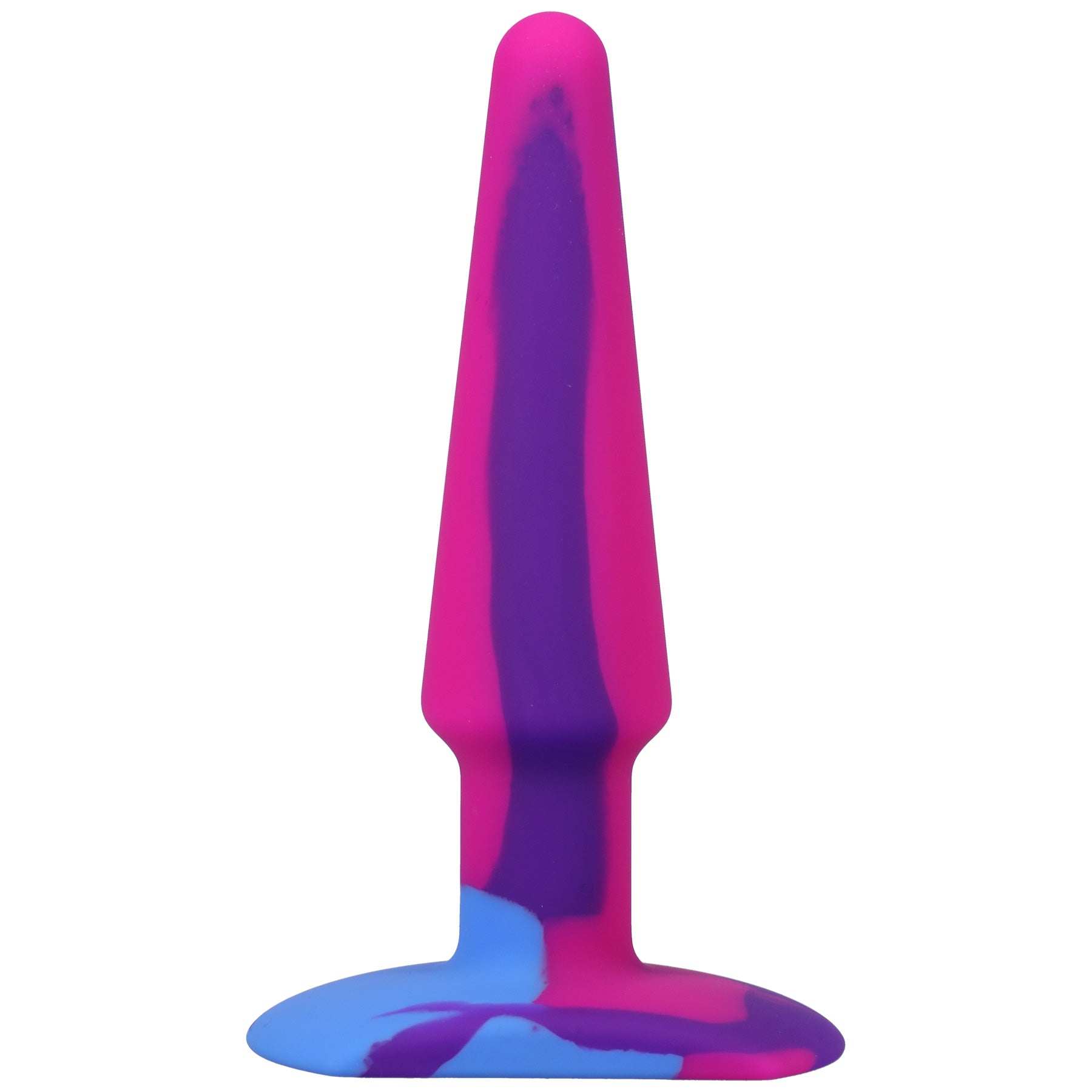 A-Play Groovy Silicone 5-inch tapered anal plug in berry multi-color silicone with wide base for safe and comfortable use