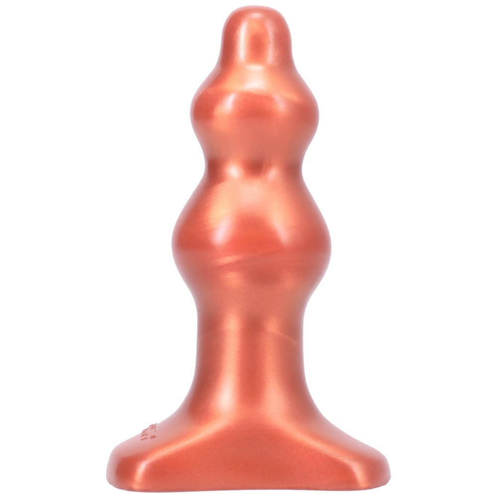 Tantus Severin Medium anal plug in metallic copper with smooth staged design and long neck.