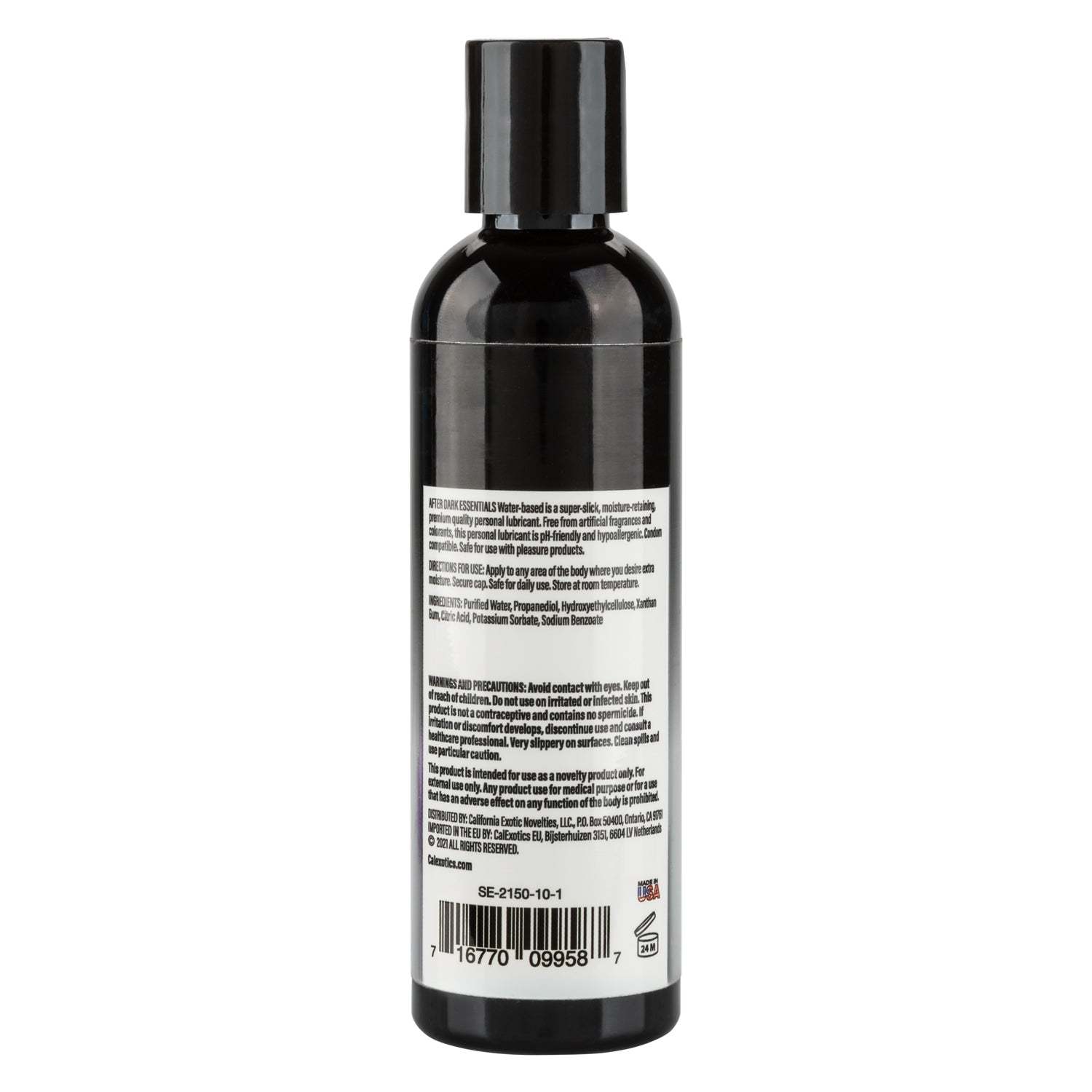 After Dark Essentials Water-Based Personal Lubricant in a 4 fl. oz. black bottle with clear product information label.