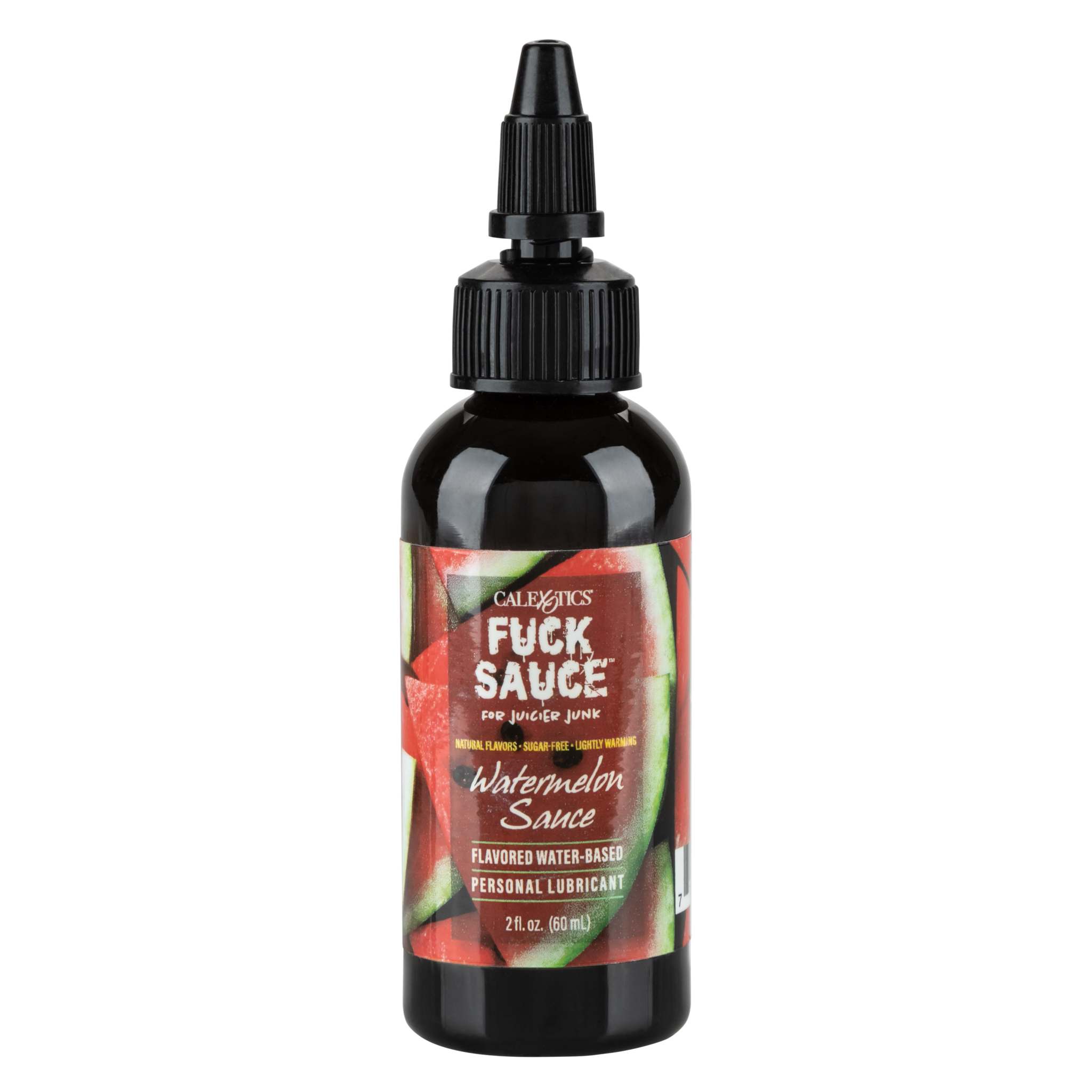 Fuck Sauce Watermelon flavored water-based personal lubricant in a 2 fl. oz. black squeeze bottle with a precision tip.