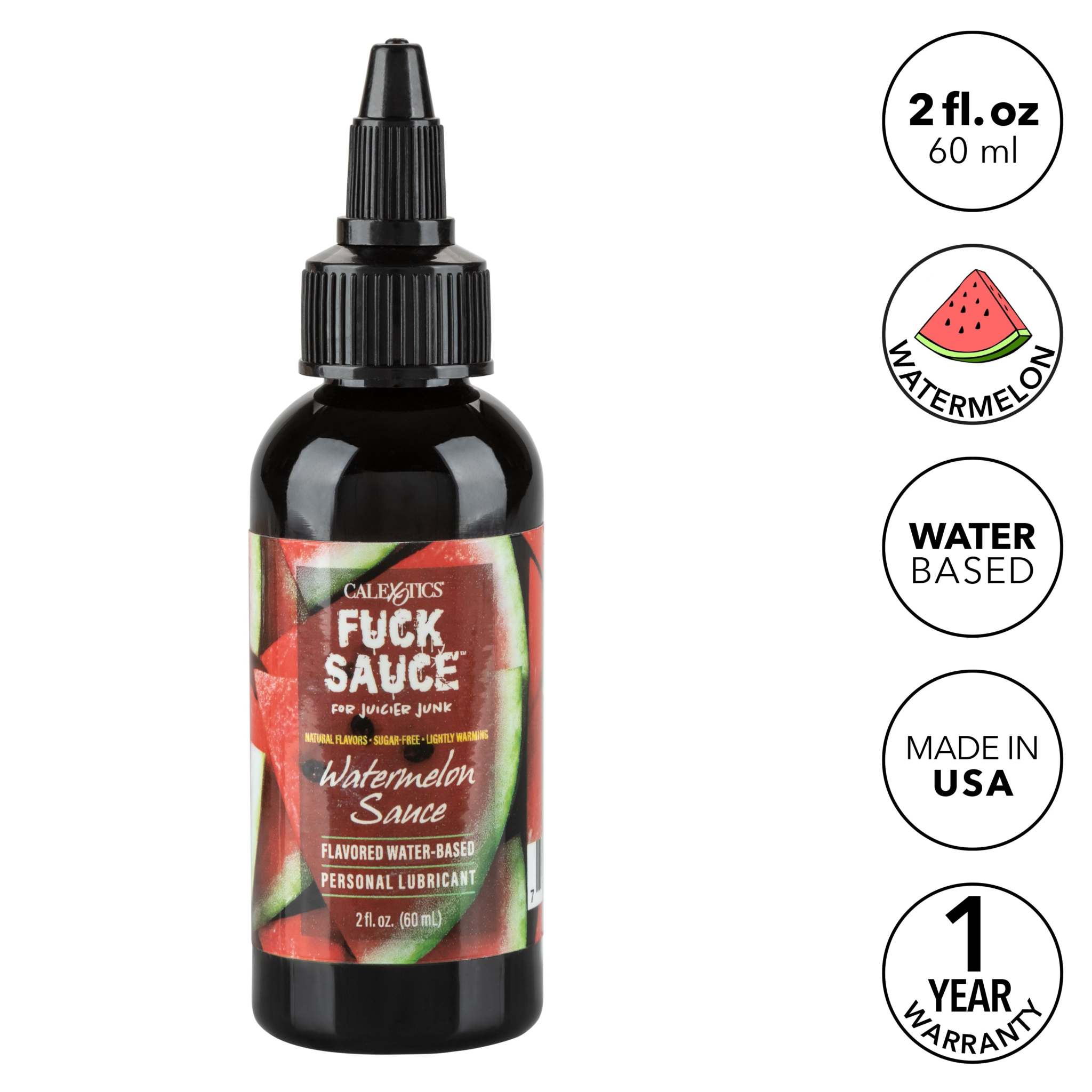 Fuck Sauce flavored watermelon water-based personal lubricant 2 fl oz bottle with natural edible flavor, moisturizing and warming effect, made in USA.