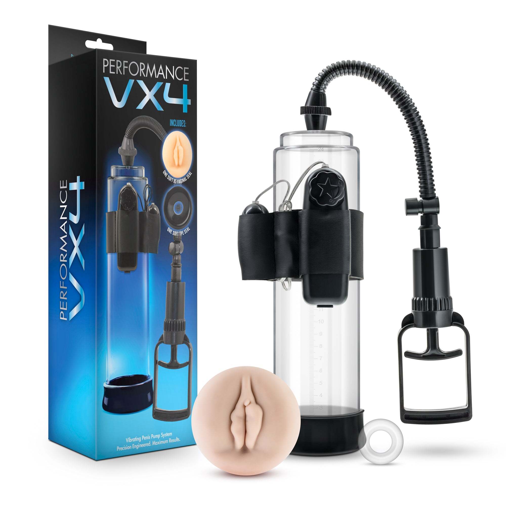 Performance Vx 4 male enhancement pump system with clear vacuum chamber, trigger pump, and realistic X5 Pussy Pump Sleeve for size and strength enhancement