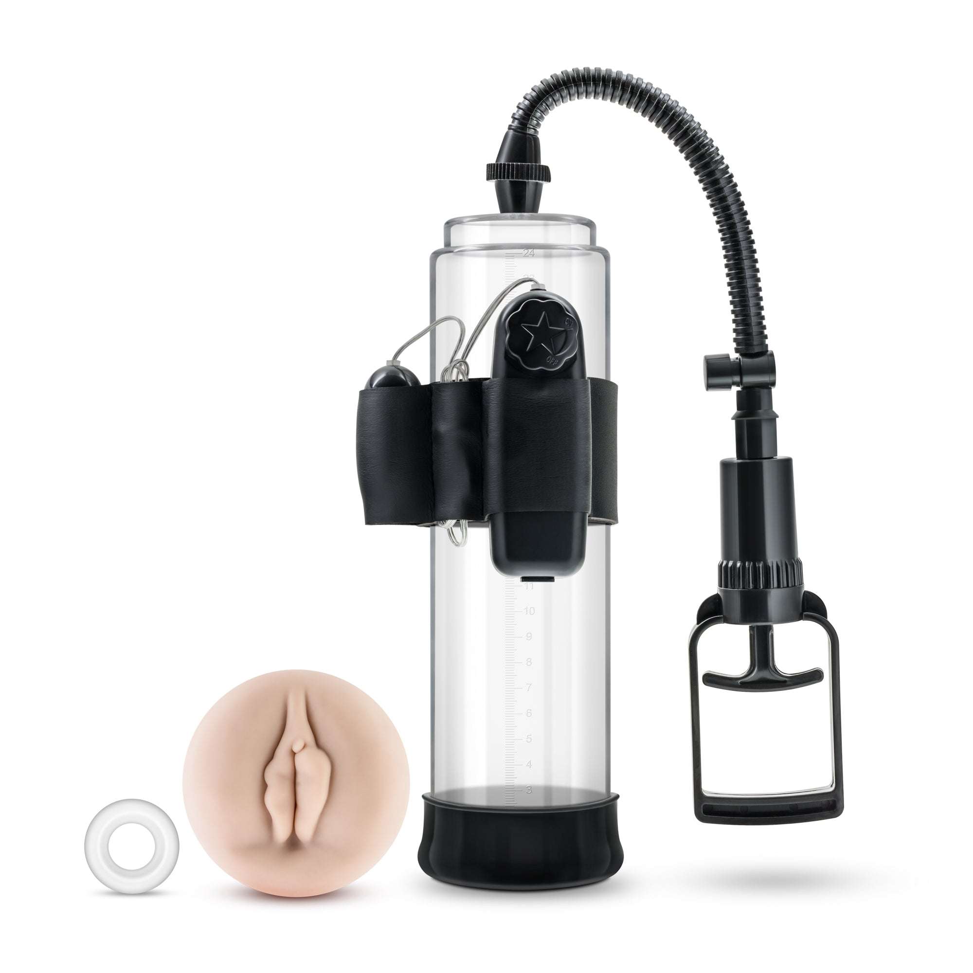 Performance Vx 4 male enhancement pump system with clear vacuum chamber, trigger pump, and realistic sleeve attachments for erection and size enhancement.