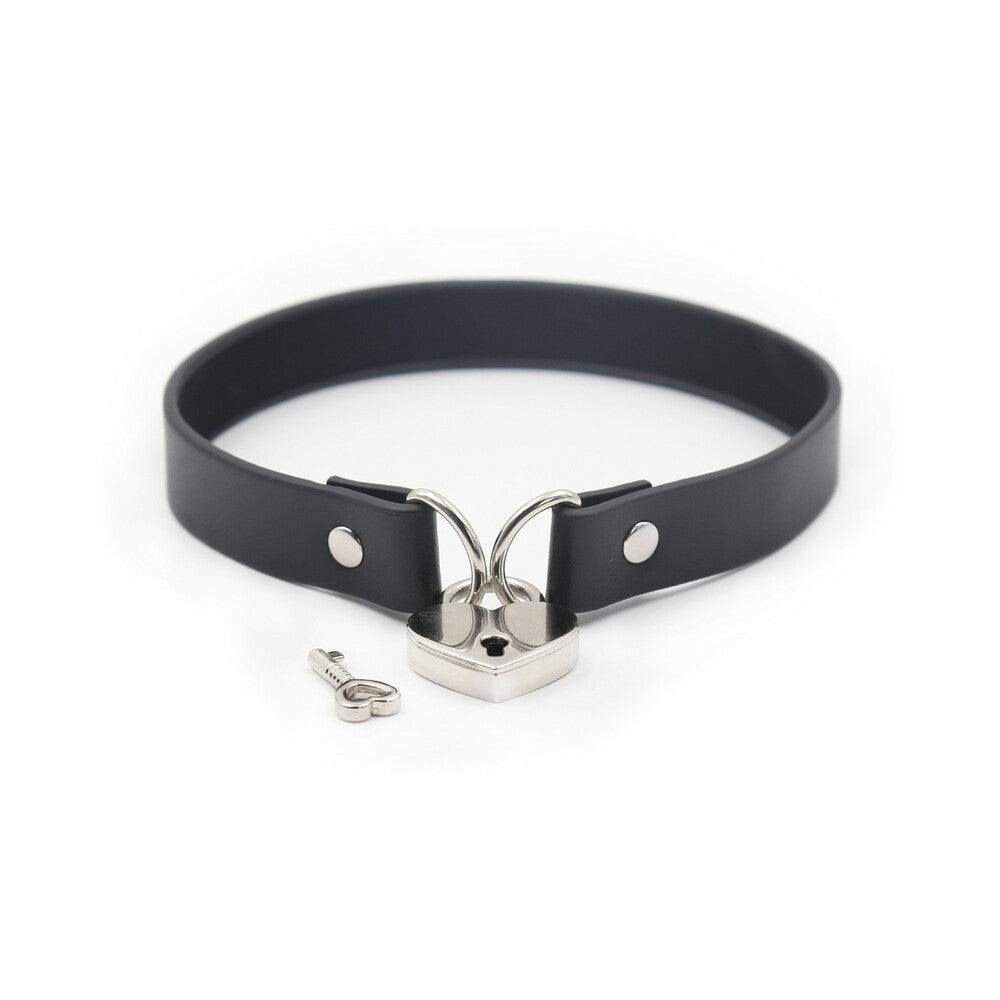 Black Ple'sur PVC Collar with silver heart-shaped lock and key accessory