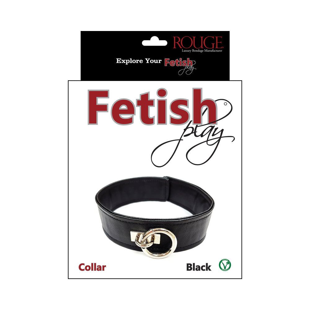 Black vegan leather fetish collar with silver D-ring and adjustable buckle, Rouge Fetish Play Vegan Collar packaging