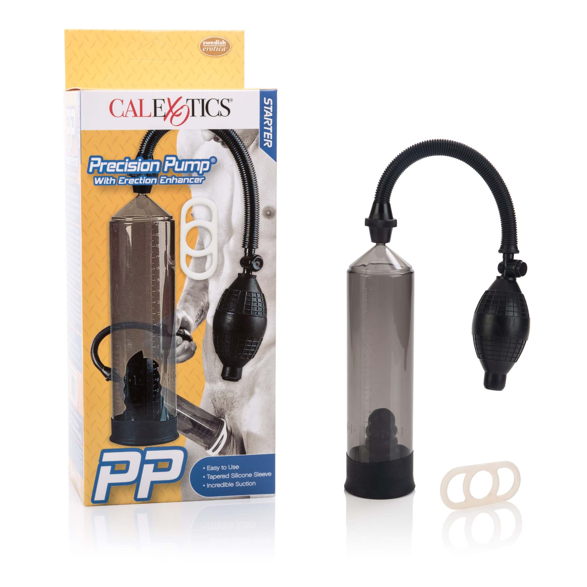 Precision Pump with Enhancer erectile device featuring a transparent cylinder, hand pump, and silicone erection rings for performance enhancement