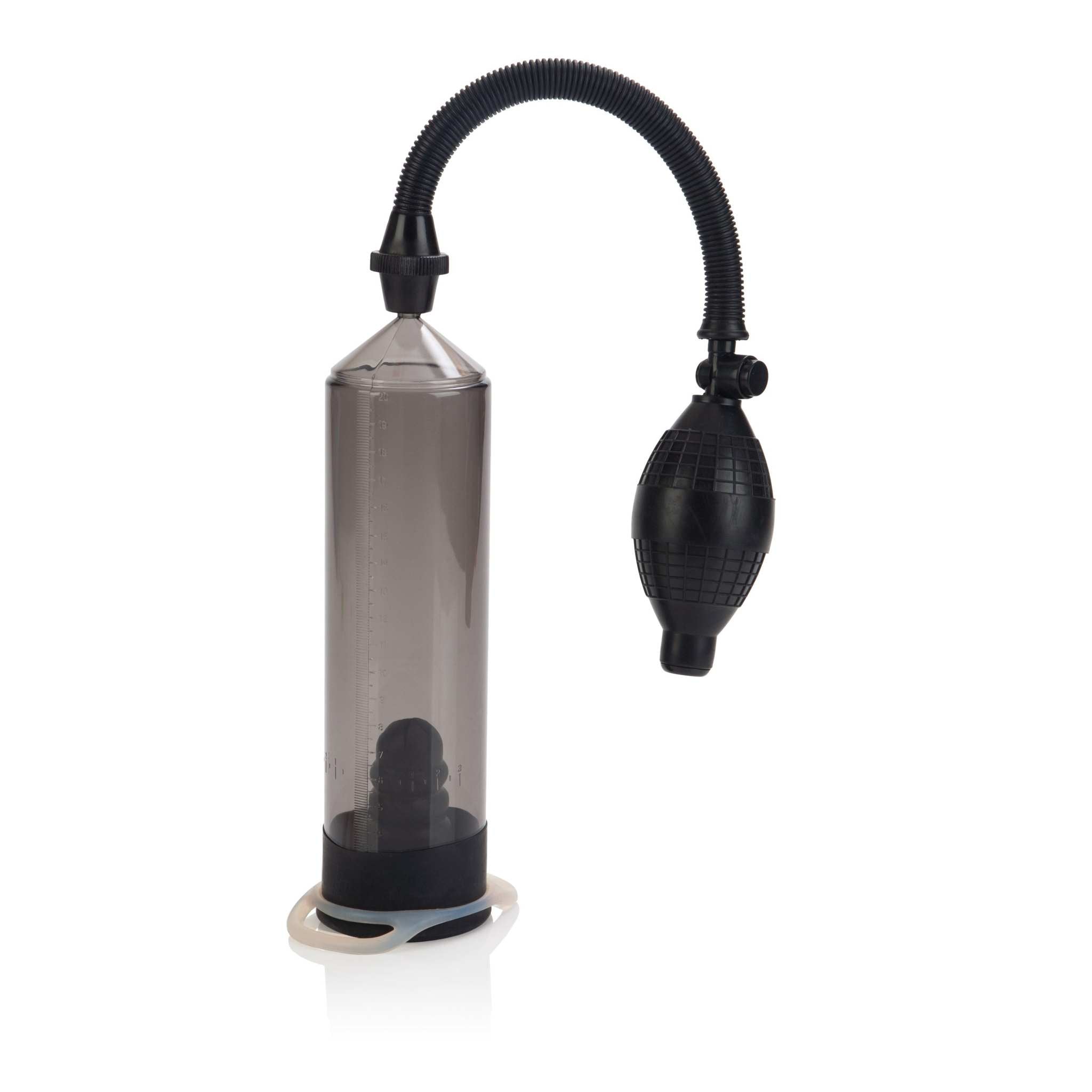 Precision Pump with clear measurement cylinder and black hand pump enhancer for intimate performance boosting