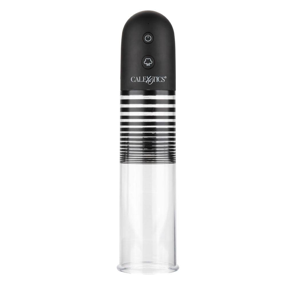 Optimum Series Rechargeable EZ Pump Kit with sleek design, dual silicone ring, and easy-touch controls for enhanced pleasure and stamina.