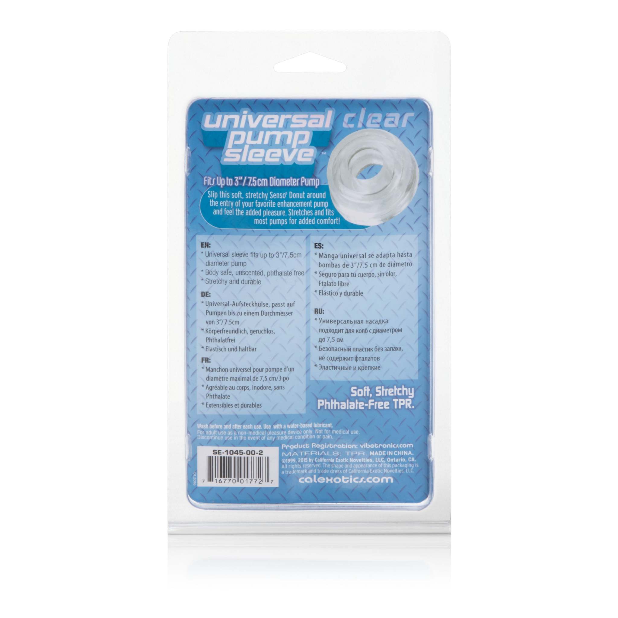 Clear universal pump sleeve for pumps up to 3.25 inches, made from soft, stretchy, phthalate-free material