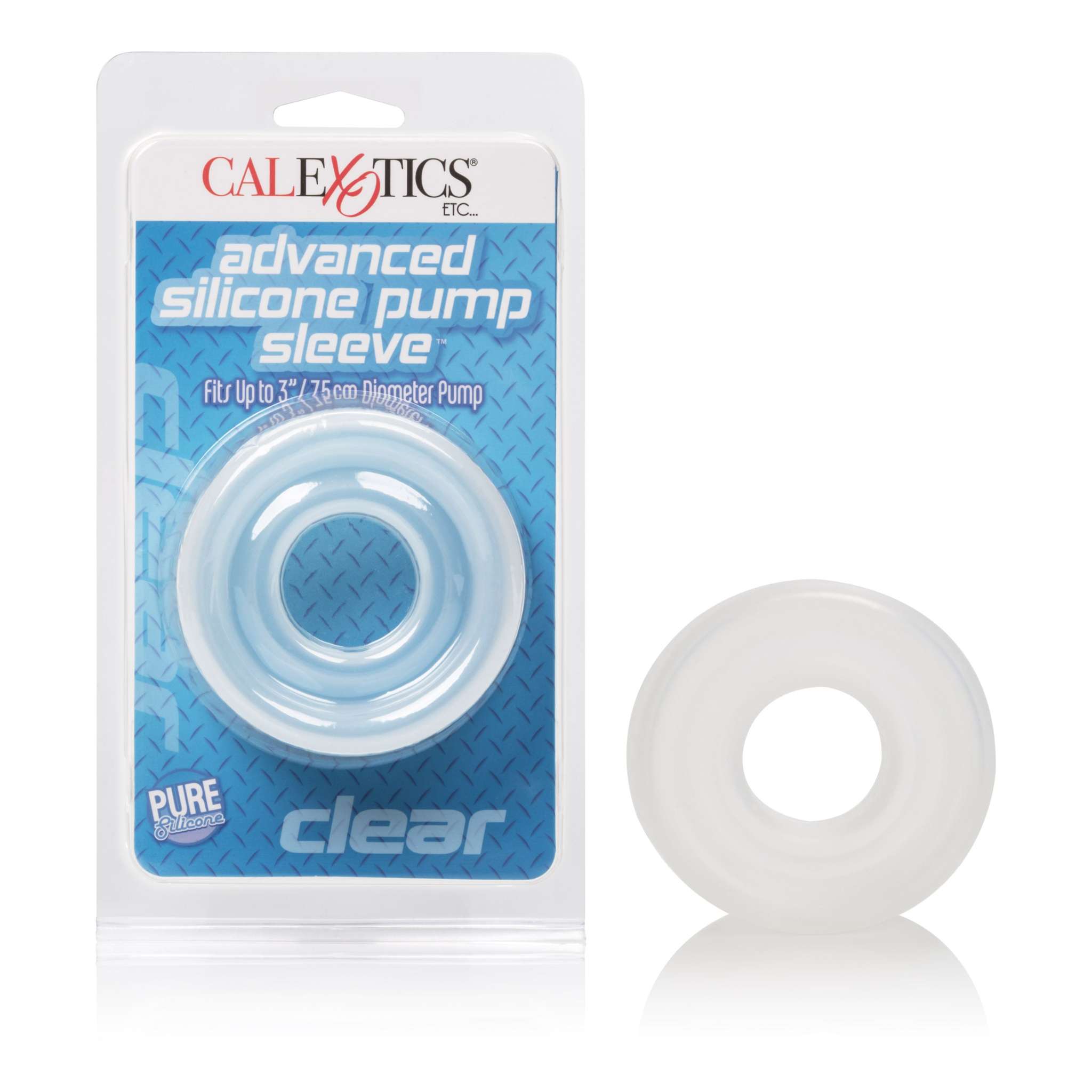 Clear advanced silicone pump sleeve in packaging and out, designed for durability and fit up to 3-inch diameter pumps