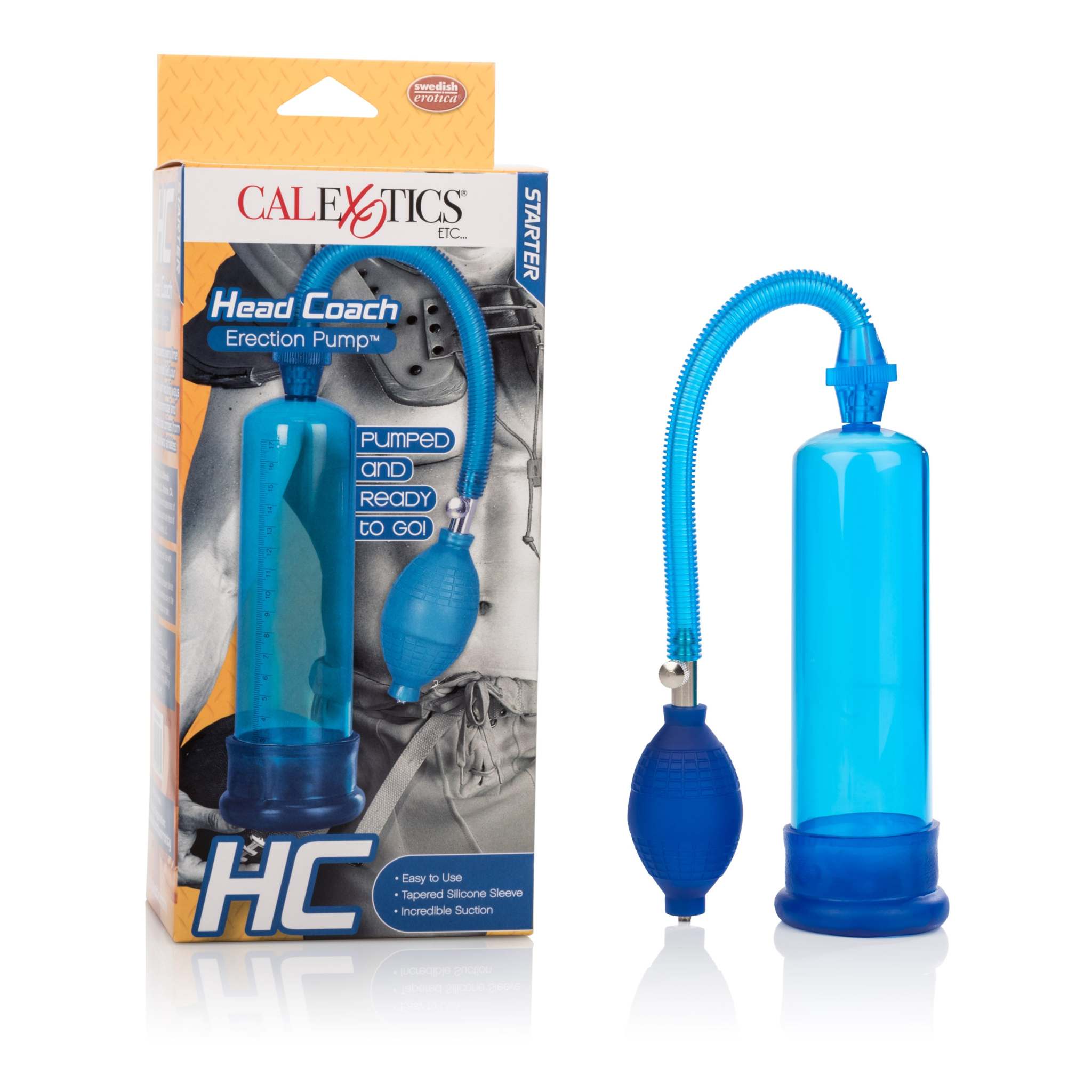 Blue Head Coach Penis Pump with flexible hose and hand bulb, shown with retail packaging.
