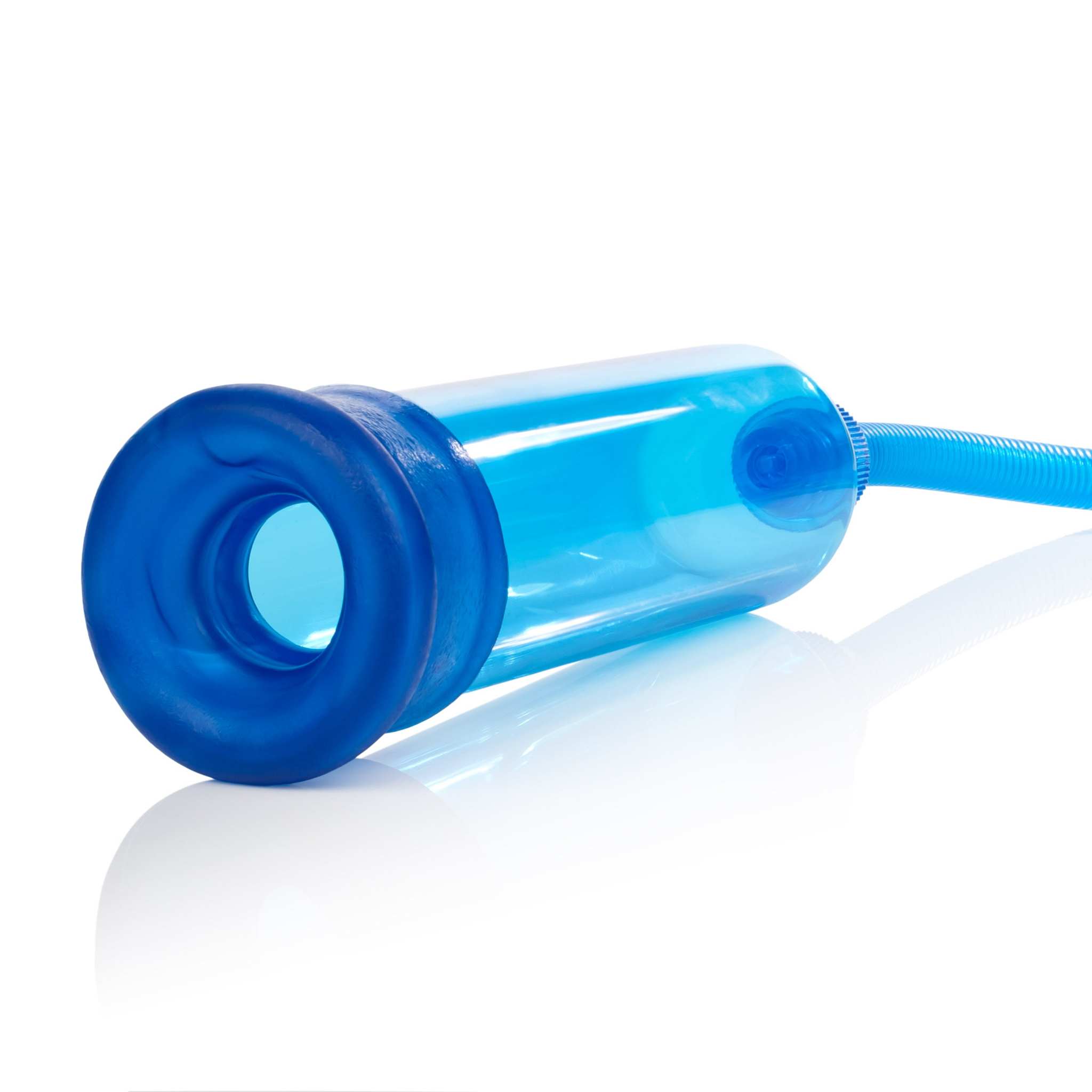 Blue Head Coach Penis Pump with soft jelly sleeve and flexible hose for comfortable intimate enhancement.