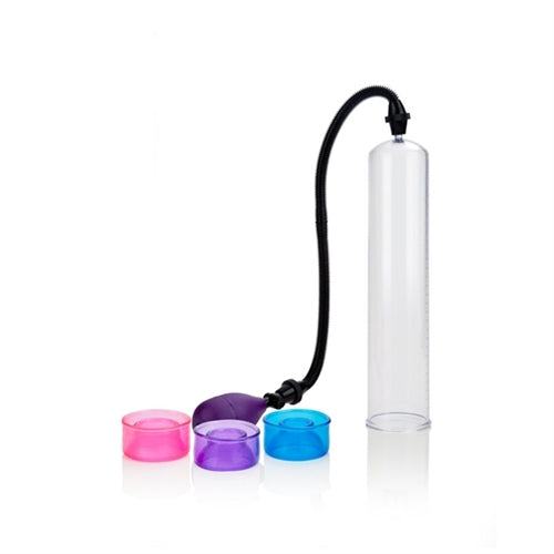 Big Mans Pump 12 inches with clear cylinder, black bulb pump, and three colorful interchangeable sleeves in pink, purple, and blue for customizable fit.