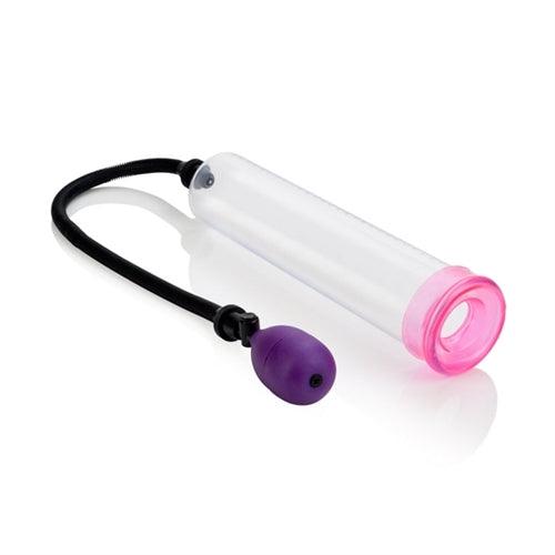 Big Mans Pump 12 Inches vacuum pump with pink cylinder, black hose, and purple bulb for personalized fit and easy pressure control