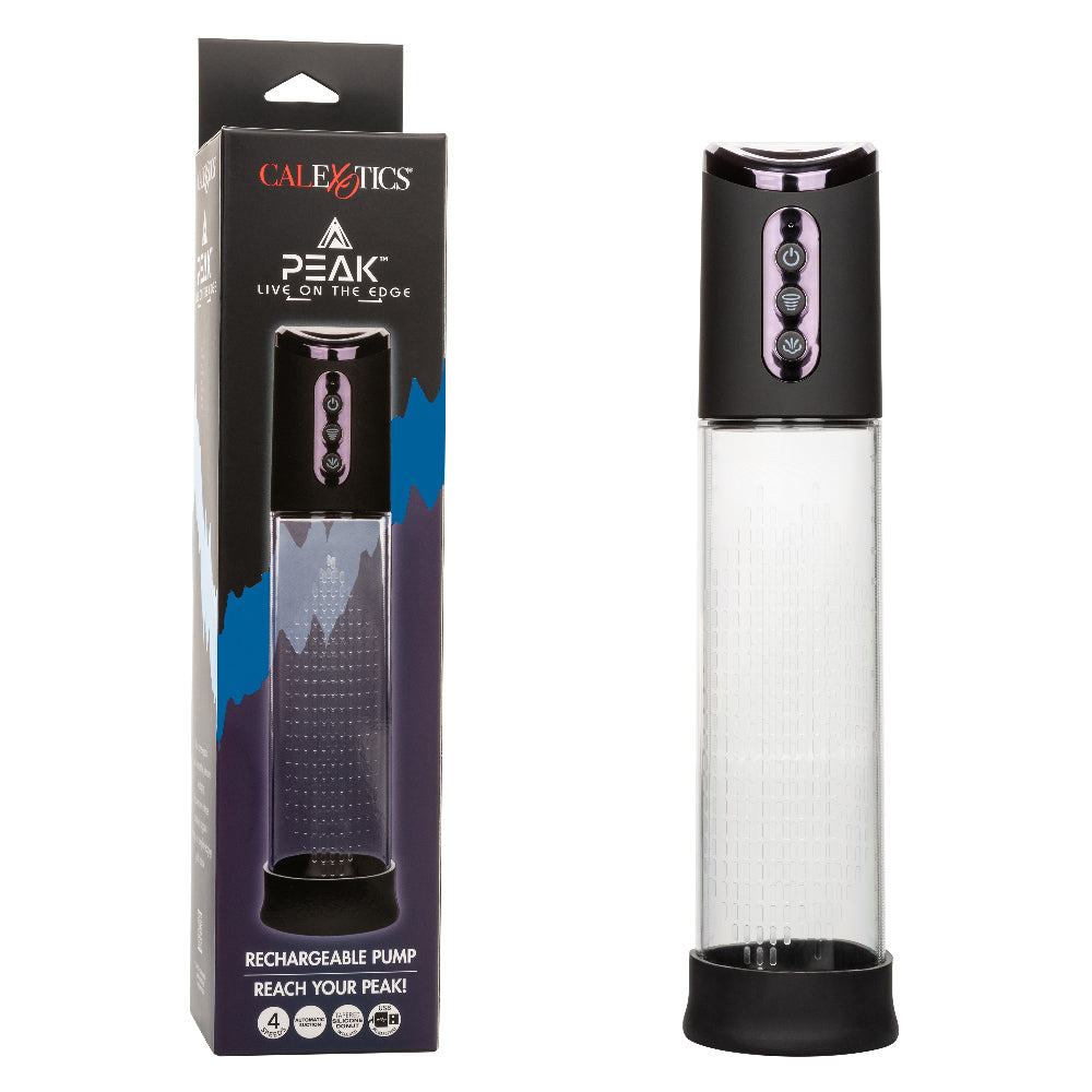 Peak Rechargeable Pump in black and clear with automatic suction and four speed settings for personalized pleasure.