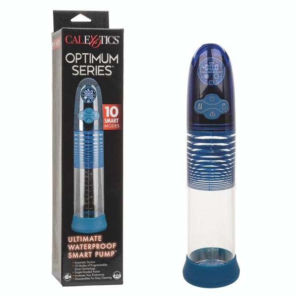 Optimum Series Ultimate Waterproof Smart Pump with 10 modes, digital display, clear cylinder, and waterproof design for enhanced intimate pleasure.