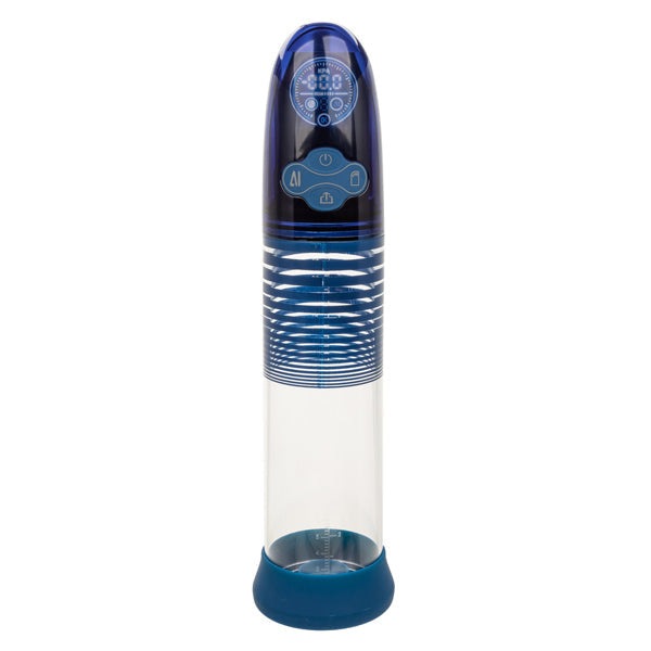 Optimum Series Ultimate Waterproof Smart Pump with digital display, transparent cylinder, and blue silicone base for customizable intimate enhancement.