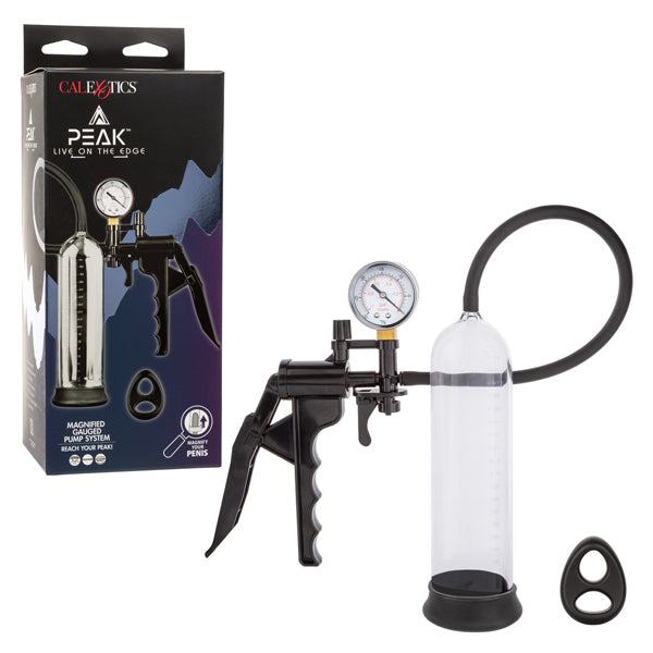 Peak Magnified Gauged Pump System in black with pressure gauge, easy-squeeze grip, magnified cylinder, and dual enhancer ring for enhanced pleasure and performance.