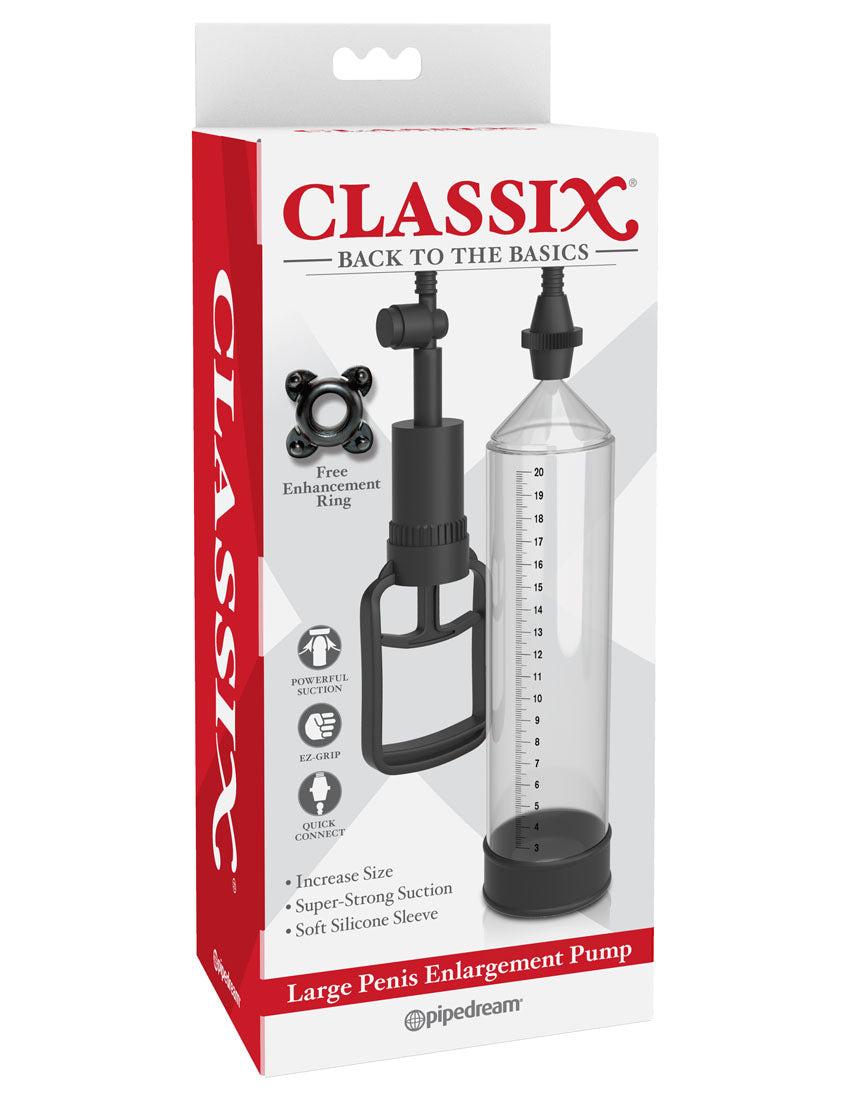 Classix Large Penis Enlargement Pump with vacuum suction, soft silicone sleeve, and enhancement ring in retail packaging.