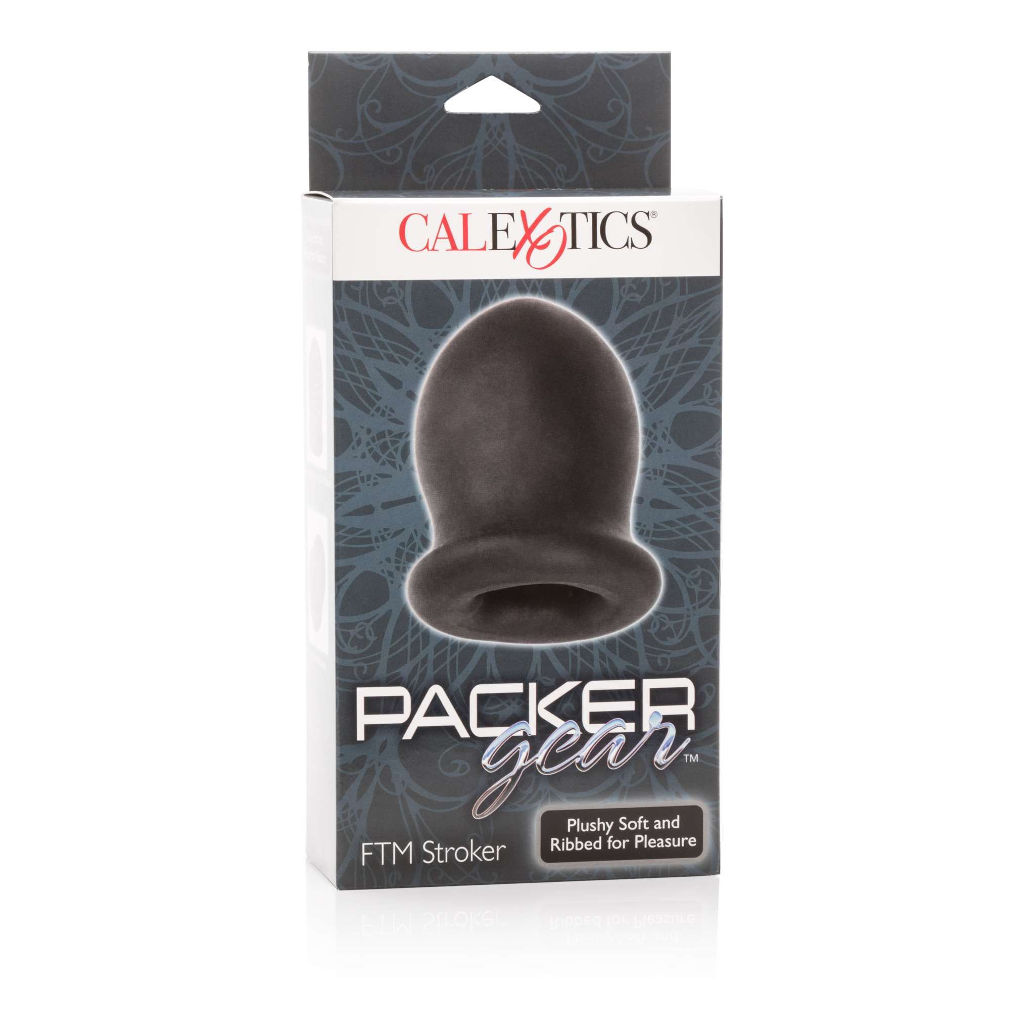 Packer Gear Ftm Stroker packaging showing textured, plushy, super-stretchy stroker with closed end for suction and easy grip