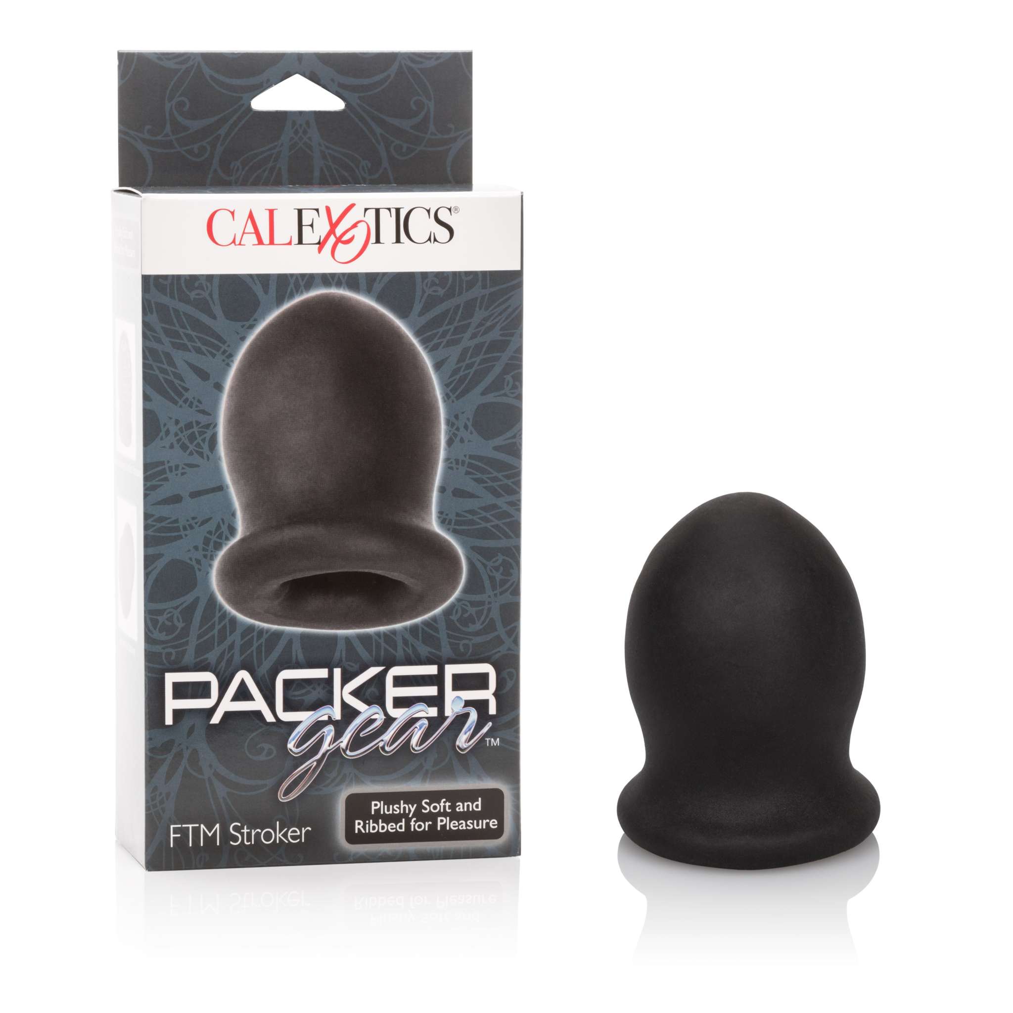 Packer Gear Ftm Stroker super-stretchy black textured stroker with closed end and easy grip in packaging