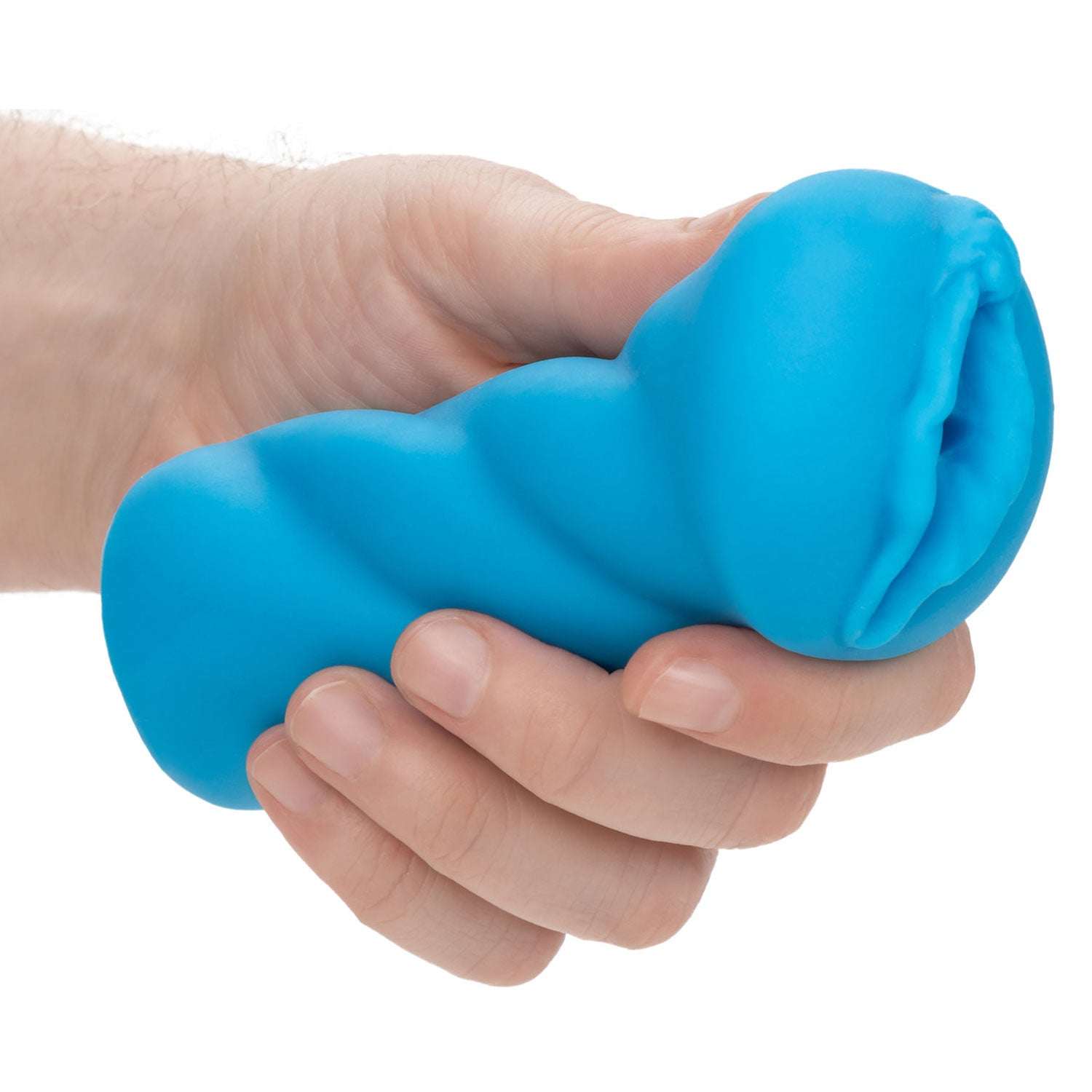 Blue Anime Stroker Bunny masturbator held in hand showing soft, stretchy material and realistic design for enhanced solo pleasure sessions