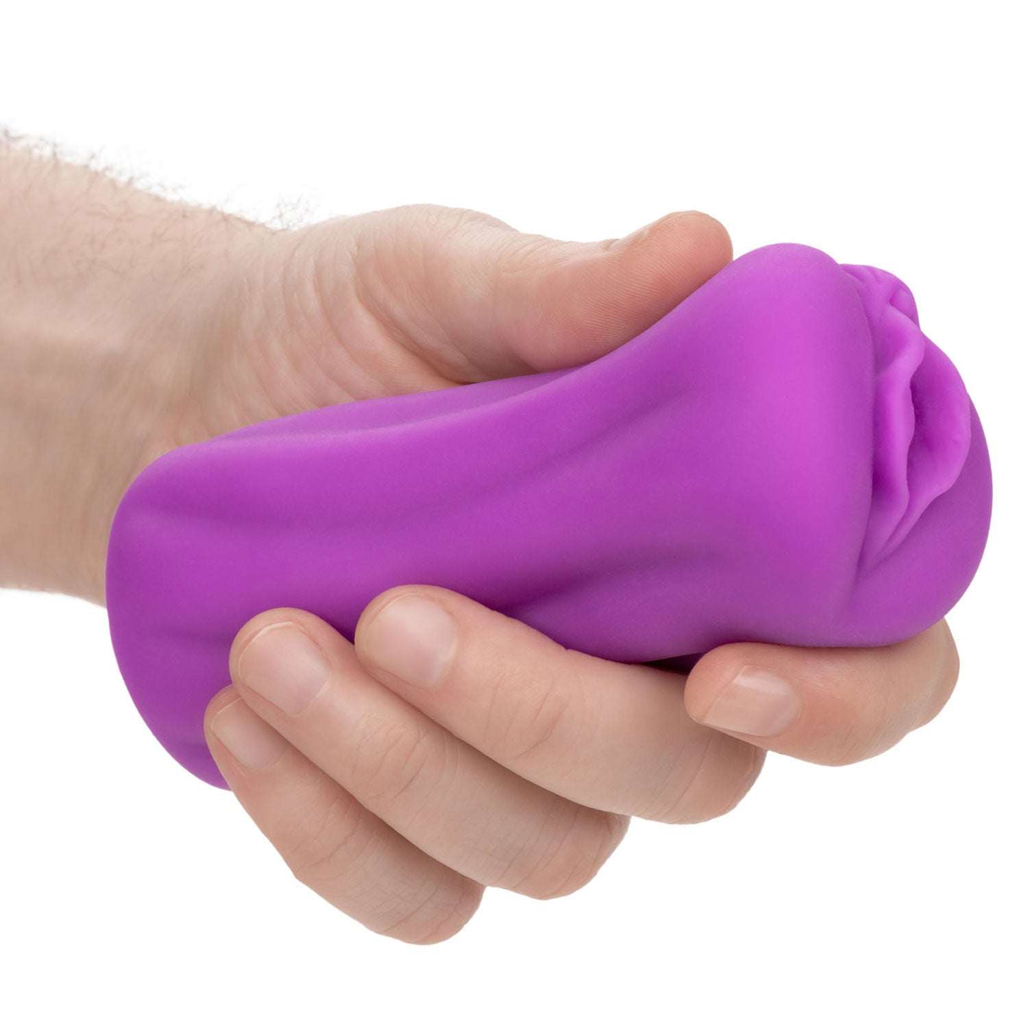 Hand holding purple Anime Stroker Roxy male masturbator with life-like texture and compact design