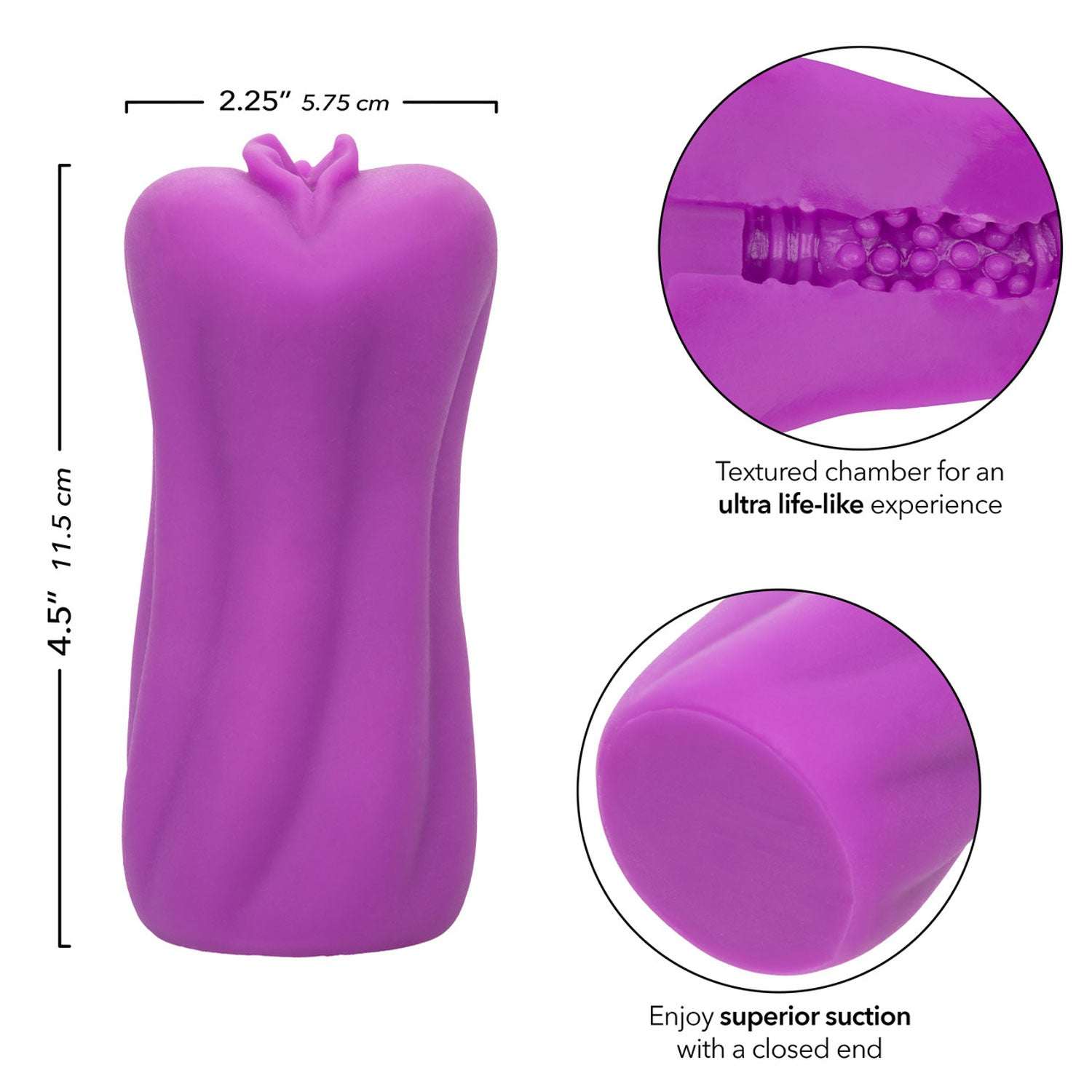 Purple Anime Stroker Roxy with textured interior and closed end for superior suction, measuring 4.5 by 2.25 inches