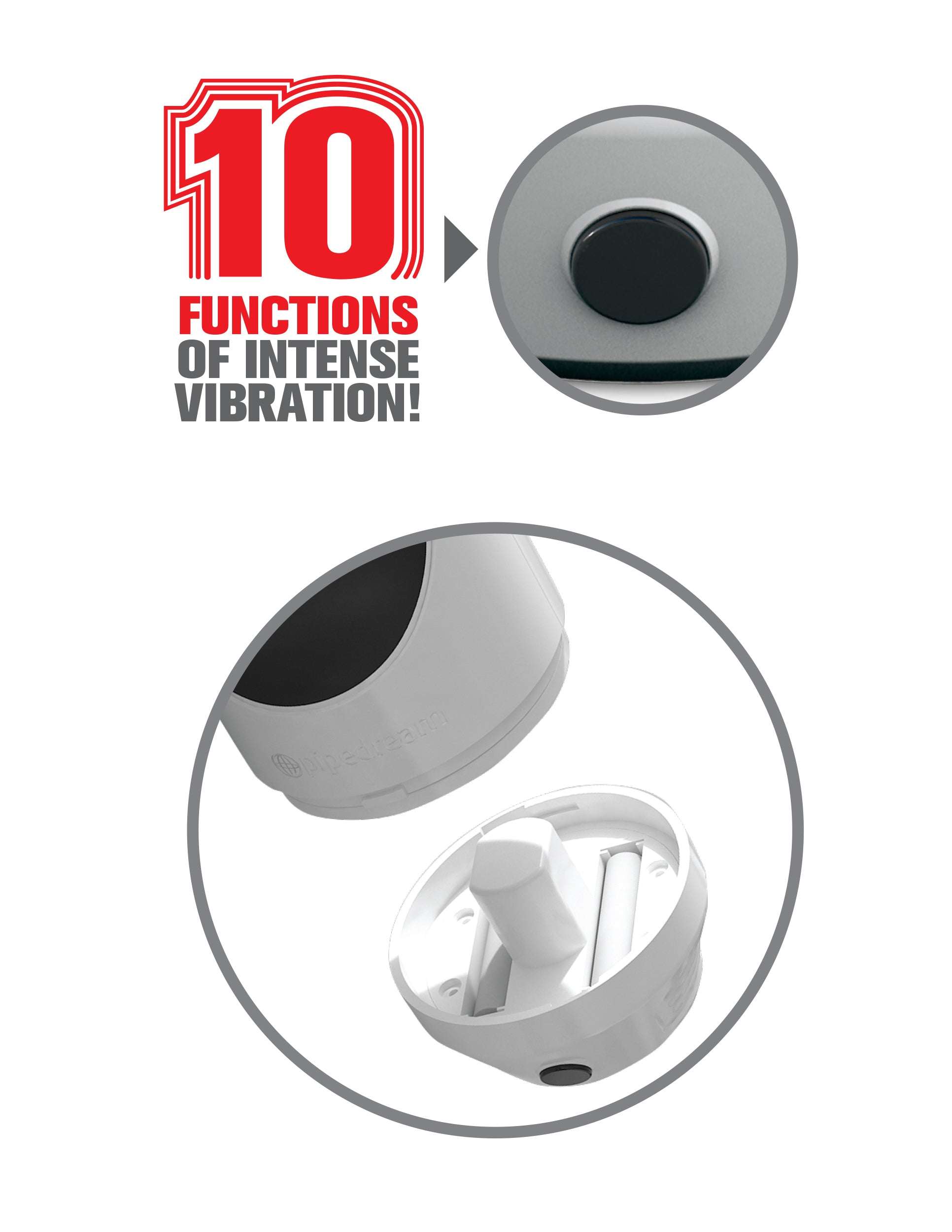 Close-up of the control button and removable battery compartment of the Mega Grip Vibrating Stroker with 10 vibration functions.