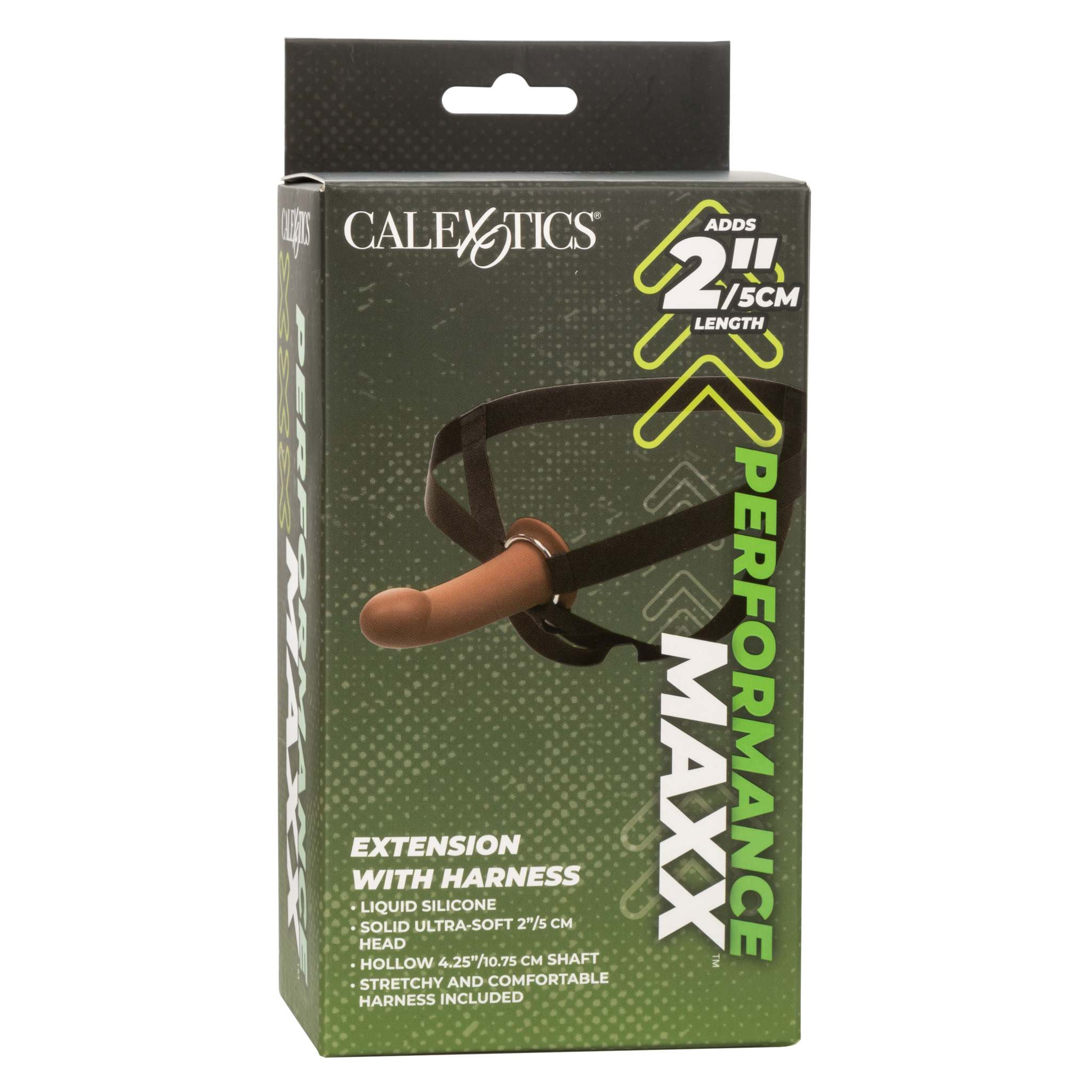 Packaging of Performance Maxx Extension with Harness in brown, showing product features and 2-inch length addition.