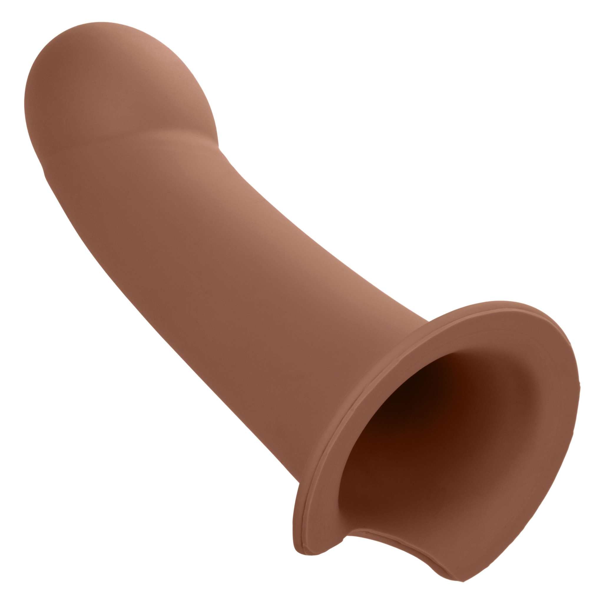 Performance Maxx Extension in brown liquid silicone with hollow shaft and wide base for secure fit with harness.