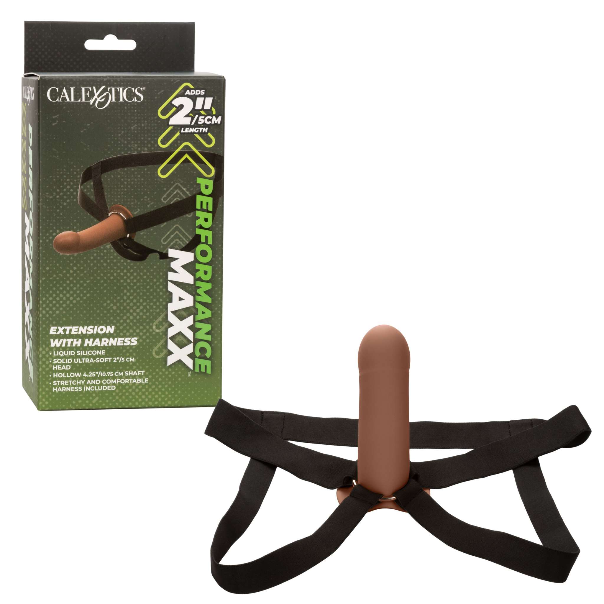 Performance Maxx Extension with brown liquid silicone hollow shaft and black adjustable harness with thick waist and thigh straps
