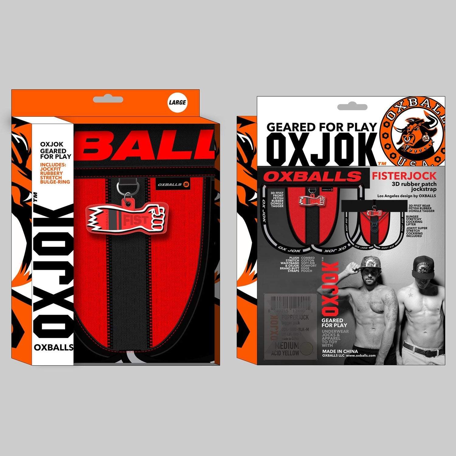 Fisterjock 3D Fist Tagger Jock in black and red with 3D fist rubber tag and comfortable design by Oxballs packaging front and back view