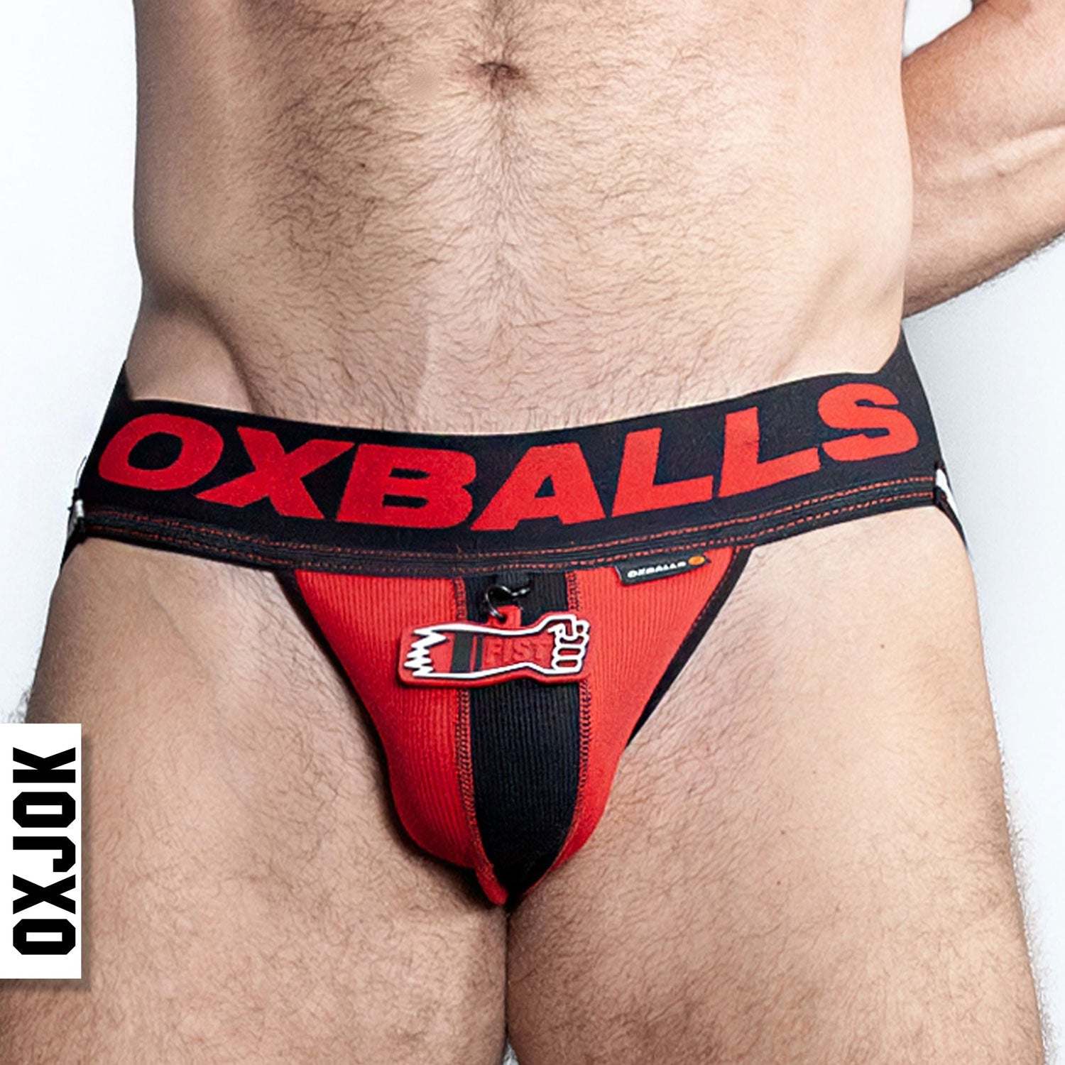 Fisterjock 3D Fist Tagger Jock in black and red with bold waistband and 3D fist design, large size men's supportive underwear