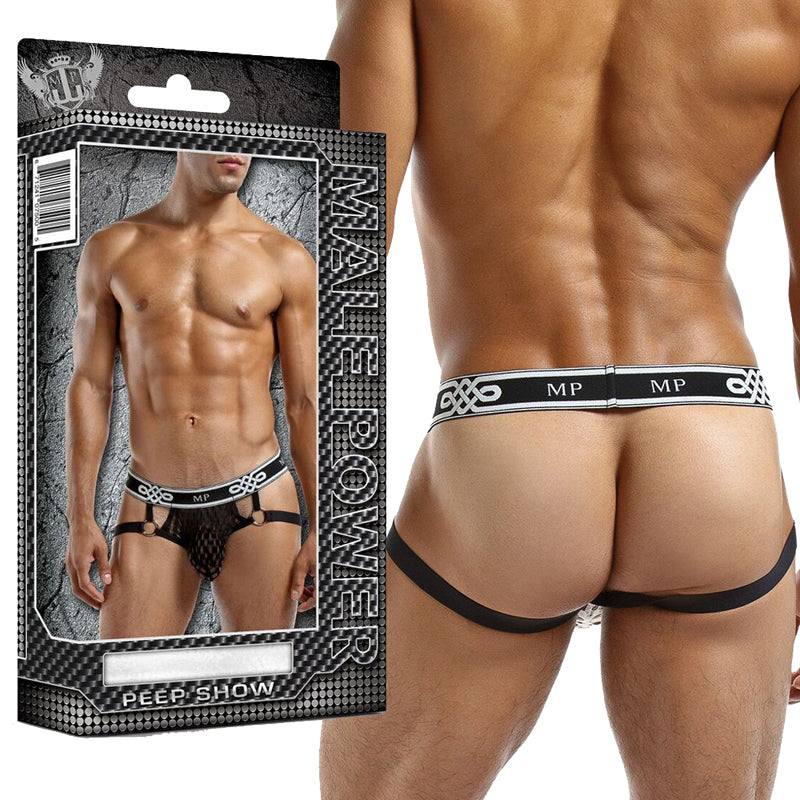 Male wearing black Male Power Peep Show Jock Ring with open weave, metal rings, and elastic leg bands, showing front and back views