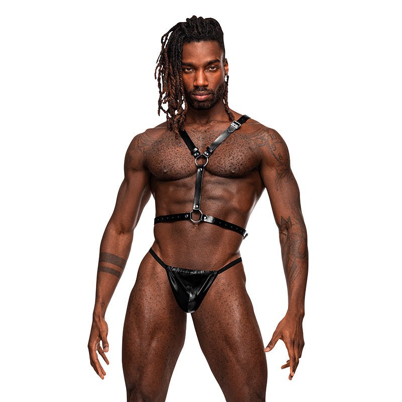 Male Power Leather men's black Sagittarius harness with adjustable buckled straps and decorative bat wings on muscular male model