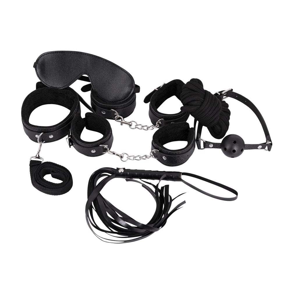 Male Power Leather 7-Pack Lite Bondage Set with faux fur lined cuffs, leash, whip, rope, eye shades, and gag ball in black
