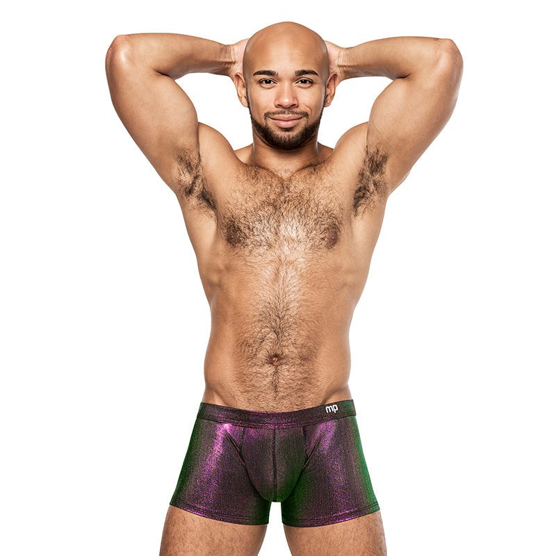 Male Power Hocus Pocus Uplift Mini Short in purple with shimmer fabric and uplift pouch worn by male model