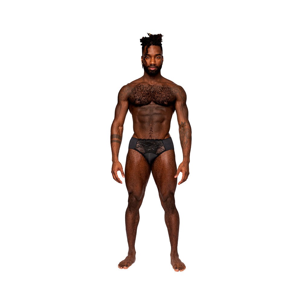 Male model wearing Male Power Sassy Lace Bikini with scalloped floral lace and solid spandex pouch