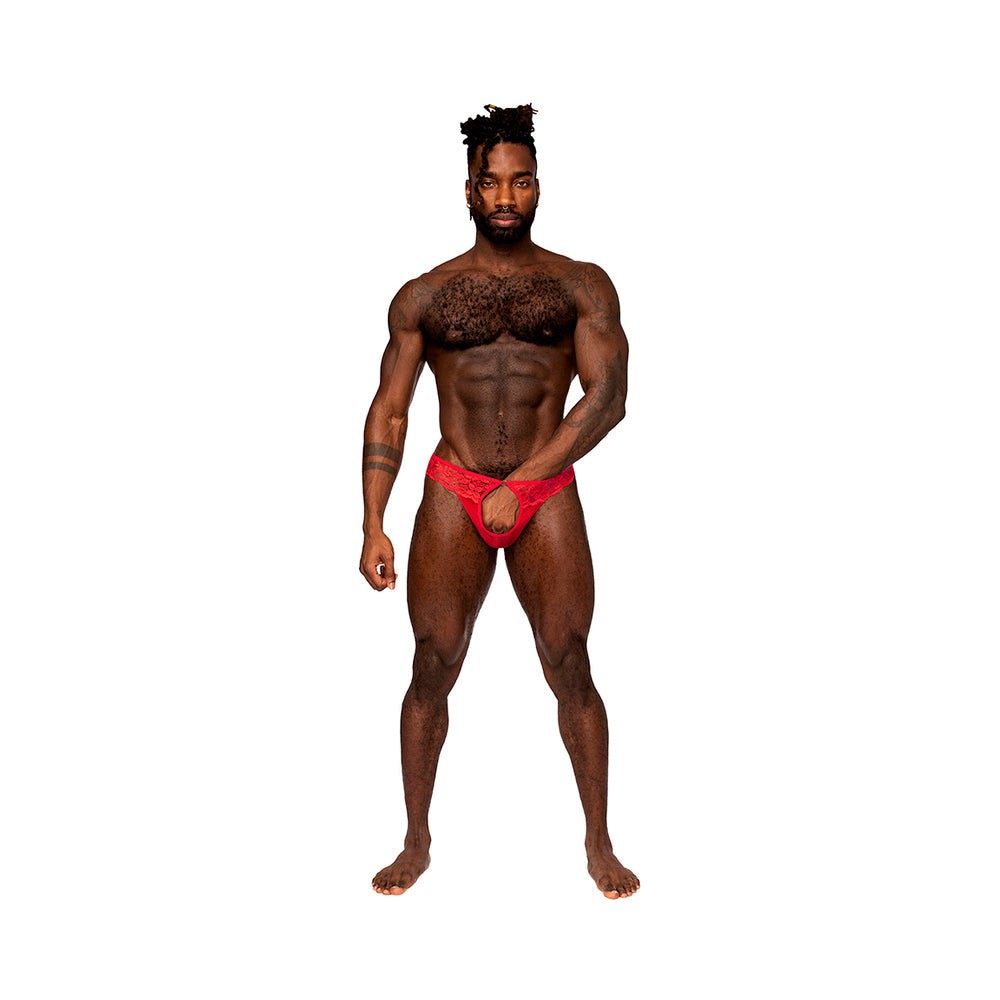 Male Power Sassy Lace open ring crotchless thong in red on male model