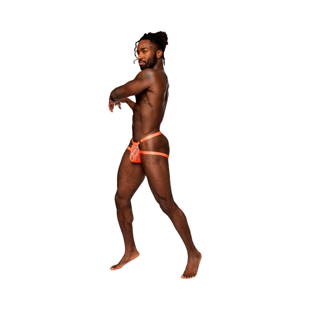 Male model wearing Male Power Rude Awakening Ring Jock with sheer mesh and satin waistband in black L/XL