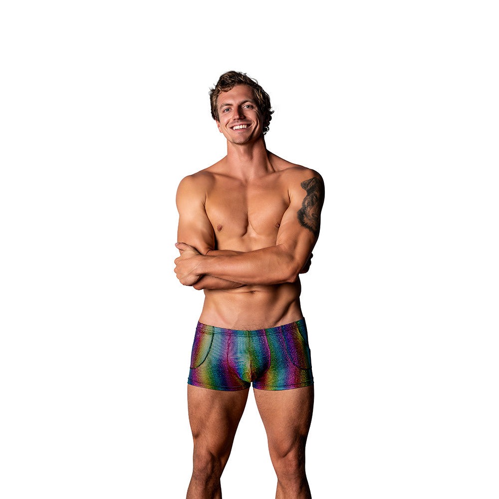 Male model wearing Male Power Pack & Play rainbow pocket shorts with contoured pouch and slim waistband