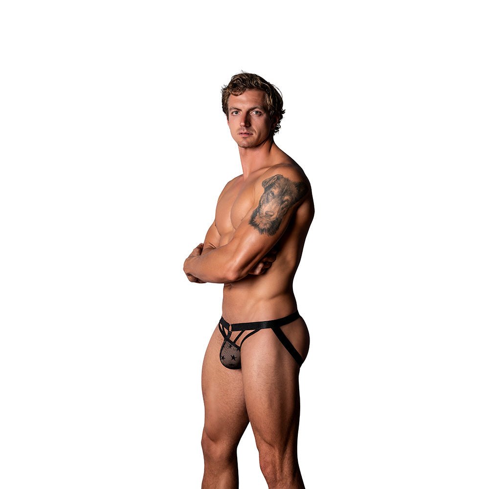 Male model wearing black Male Power Love Star Jock with ring and decorative straps side view
