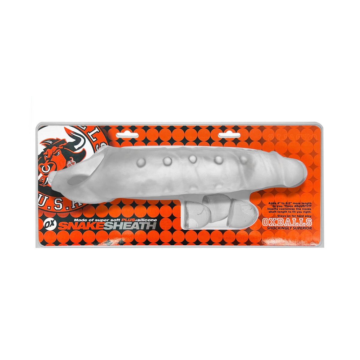 OxBalls Snake Deep-Reacher Clear Ice cocksheath with plush plus+SILICONE, 11.3 inches long, textured, adjustable fit, and robust grip