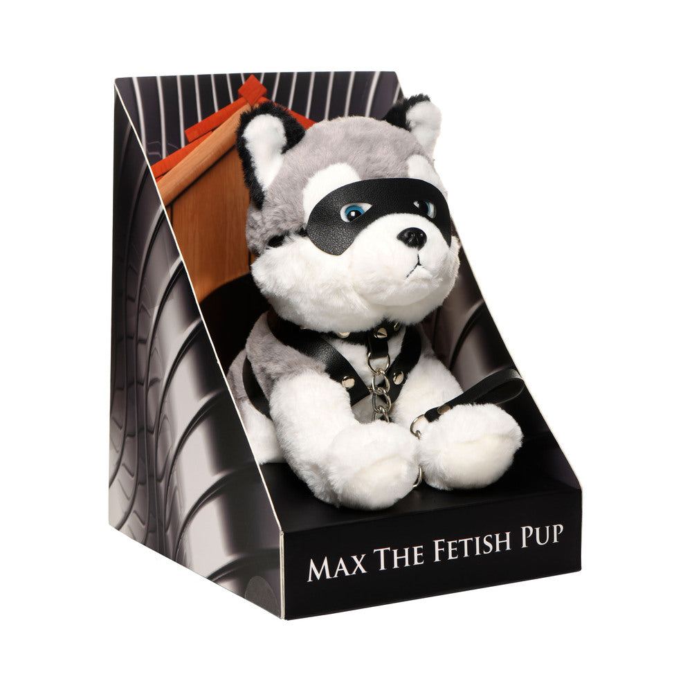 Master Series Max plush husky pup with vegan-leather fetish harness, collar, leash, and playful mask in display box