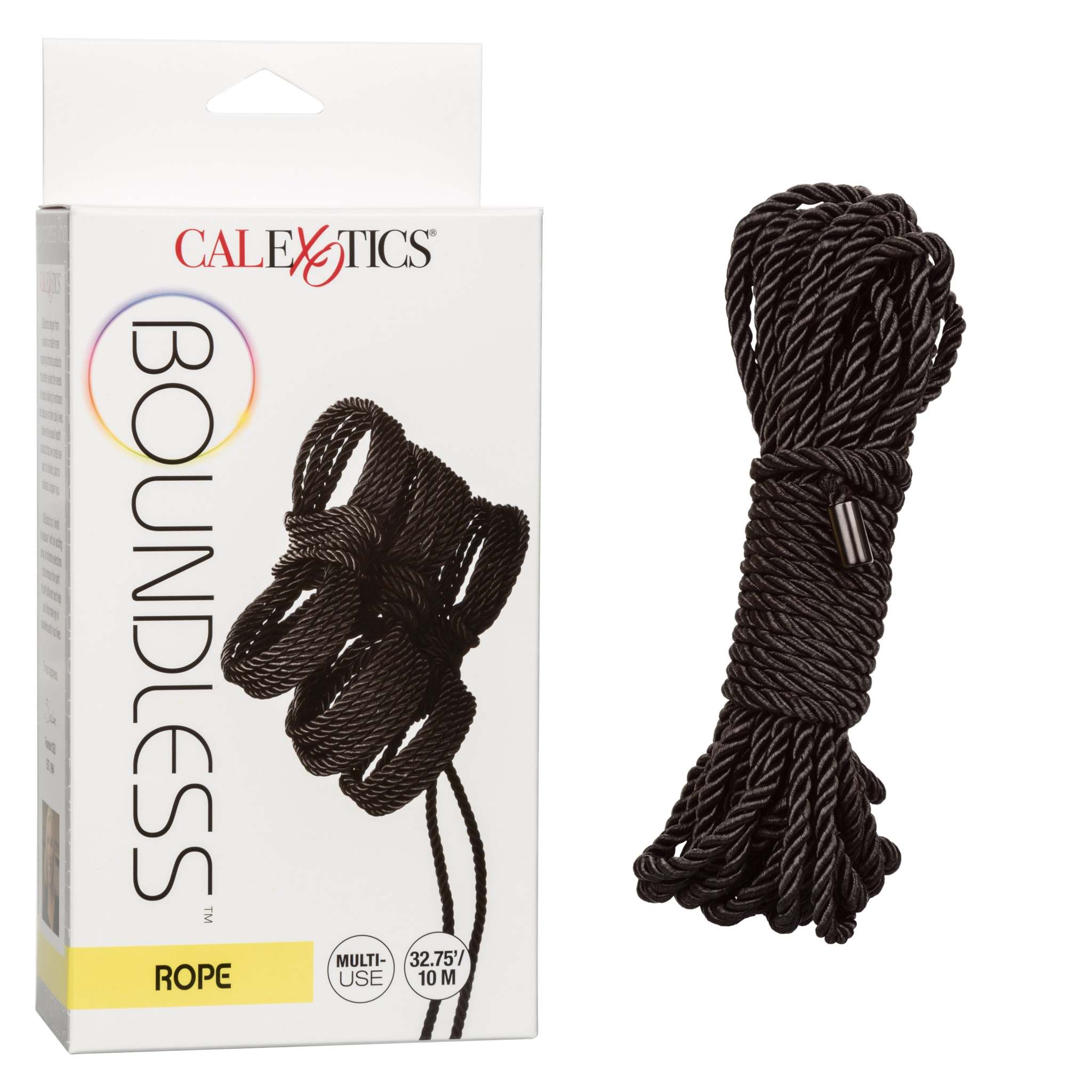 Black rope for BDSM and sensual play by CalExotics, 32.75 feet long, soft and durable with nickel-free caps.